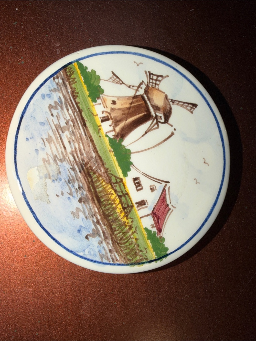 Hand-Painted Windmill Ceramic Coaster - White with Multicolor Scene